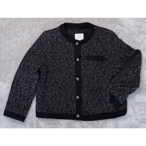 H&M Black White Textured Weave Wool Blend Tweed Lined Jacket Womens Size L